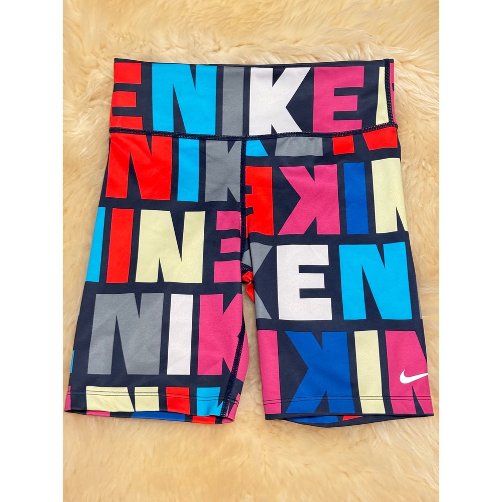 Nike Girls Bike Shorts Medium Block Logo Print Obsidian Sporty Athlete Workout